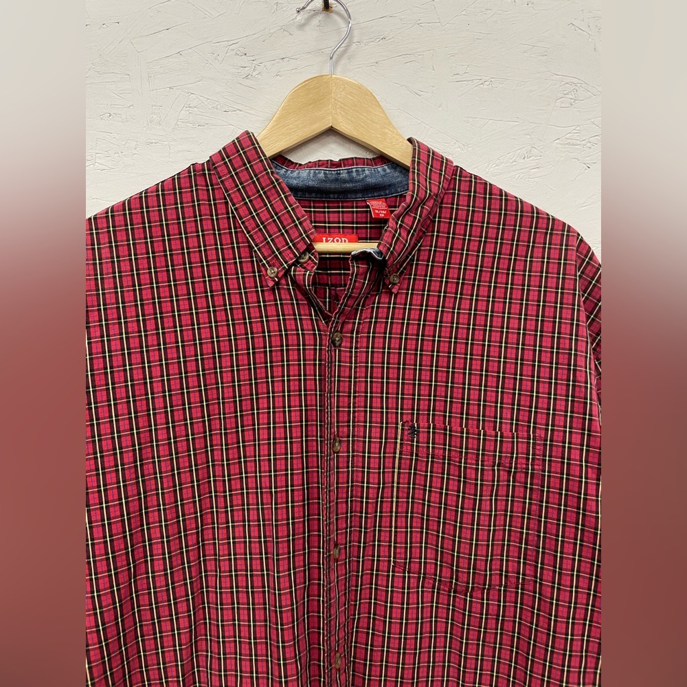 Vintage IZOD Red Plaid Button Down Long Sleeve Shirt, Size XL, Denim Accents